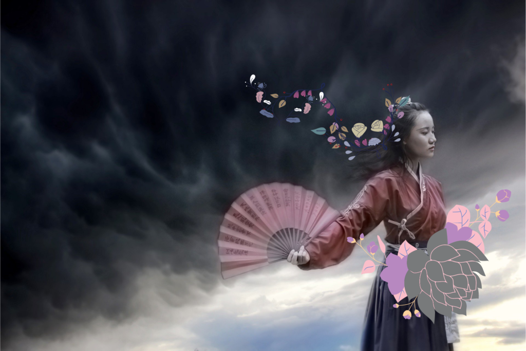 Jeune femme chinoise avec fleurs et éventail pour illustrer une histoire de reine dans le roman Fleur de neige de Lisa See