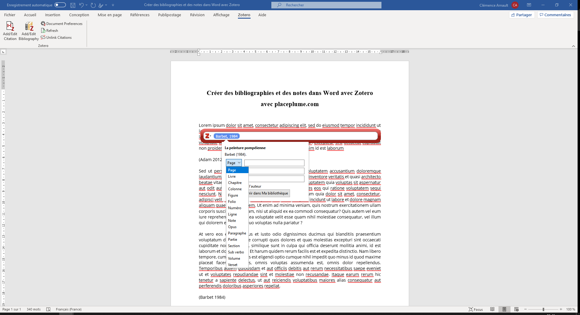 Créer une bibliographie et des notes dans Word avec Zotero Place plume